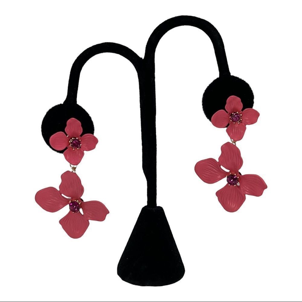 RACHEL Rachel Roy Gold-Tone Pink Crystal Double Flower Statement Earrings New - Picture 2 of 7